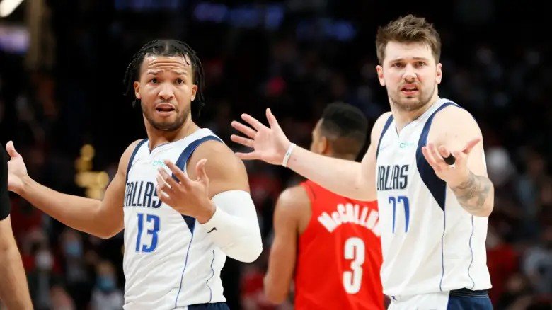 Jalen Brunson and Luka Doncic in Dallas Mavericks uniforms