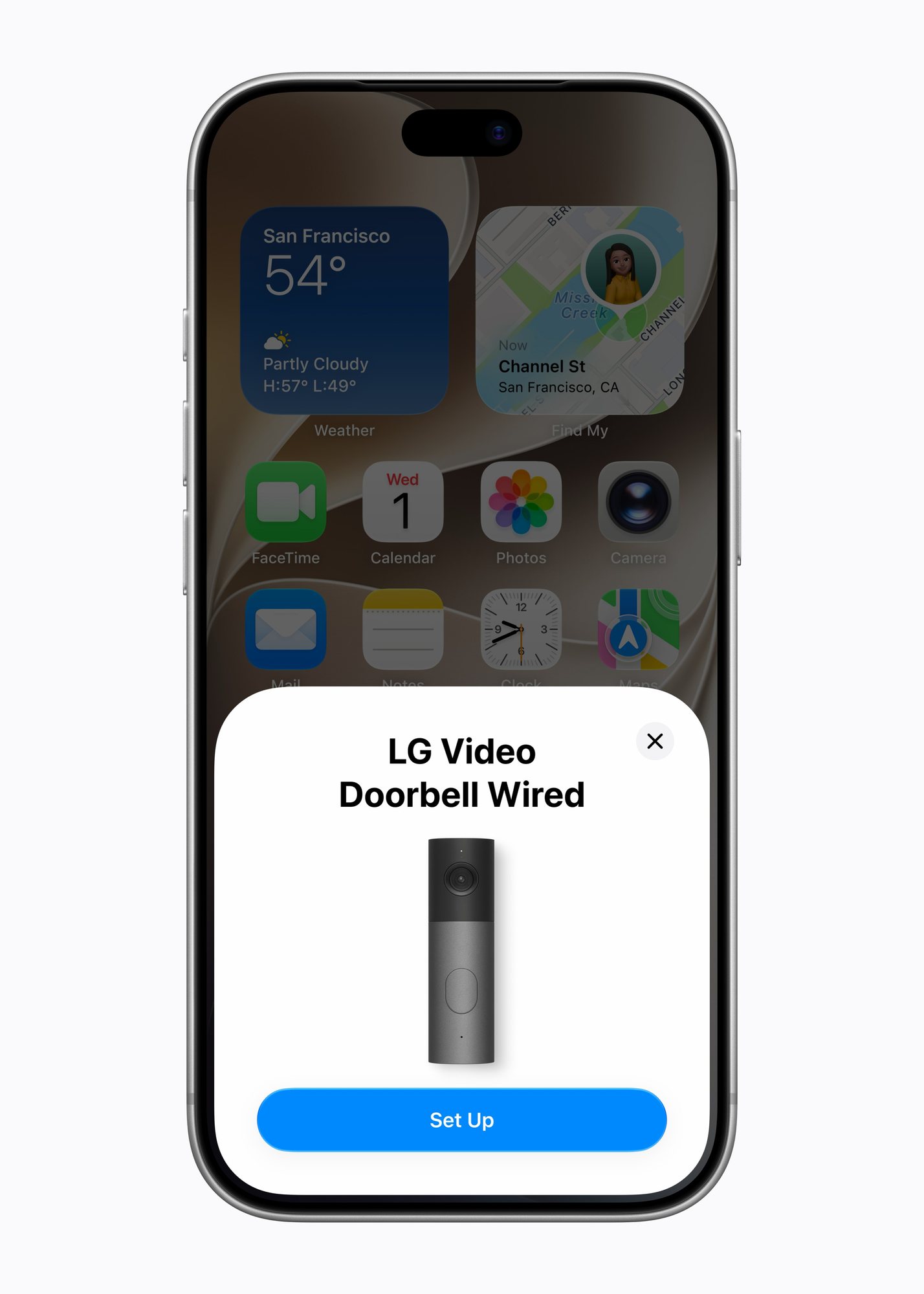 iPhone showing a setup card for the LG Video Doorbell Wired with a blue Set Up button
