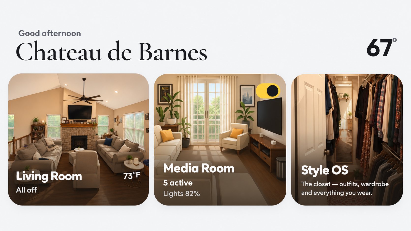 Chateau de Barnes Home Assistant dashboard showing Living Room, Media Room, and Style OS cards.
