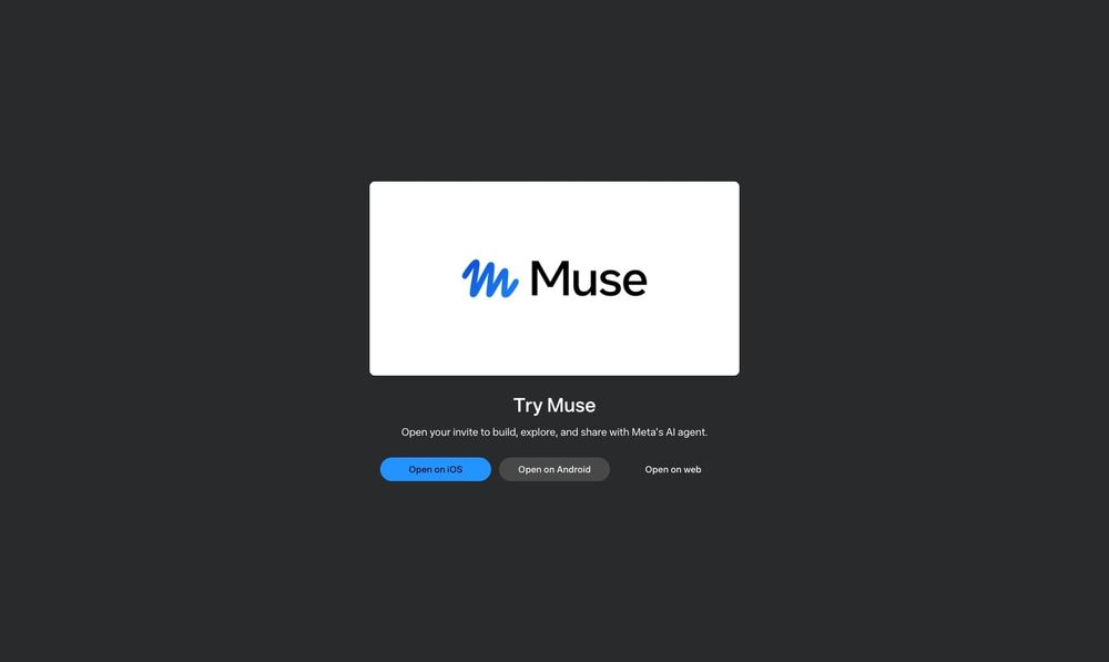 Try Muse invite screen with options to open on iOS, Android, or web