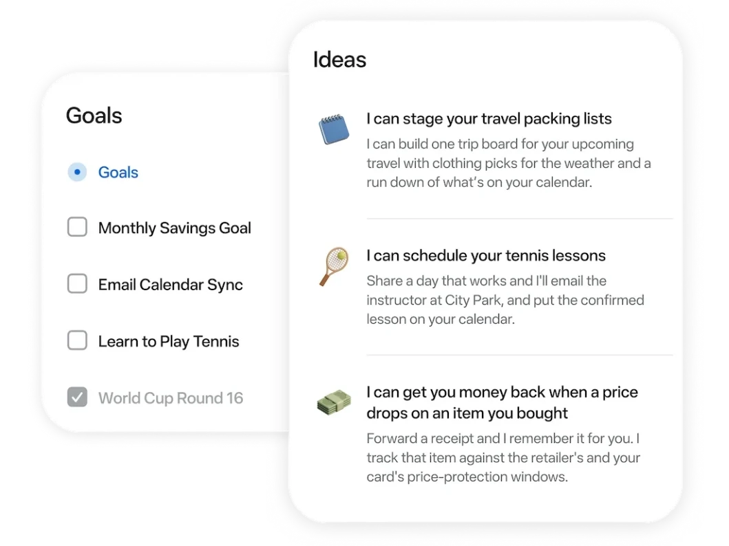 Muse Goals and Ideas screens suggesting tasks it can take on
